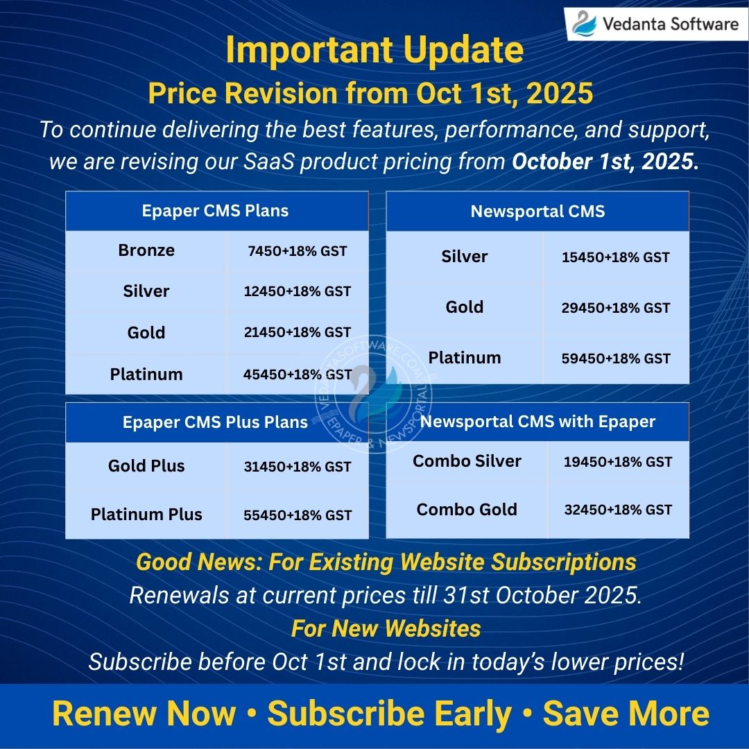 vedantasoftware's tweet image. 💡 Don’t wait!
1st Oct 2025 – SaaS price revision goes live.
Existing website renewals: renewals at old prices till 31st Oct 2025
New websites: subscribe now &amp;amp; save.
#VedantaSoftware #PriceUpdate #SaaSPlans #SaveMore