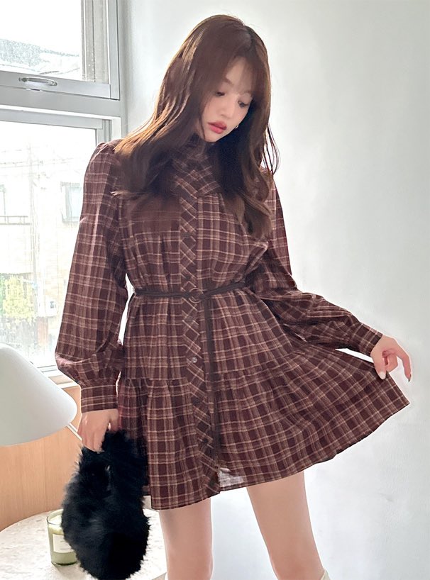ワンピース Ada. 【未使用級】リボンベルト　トッカ　ネロリ　チェック柄シャツワンピース　フレア　4 フリルカラー フレア チェック 胸元切り替え リボン ワンピース