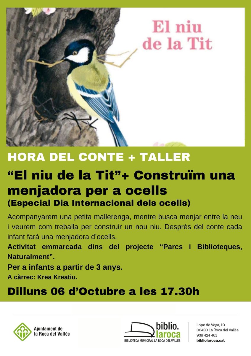 🐦 Biblio.laroca proposa una sessió especial amb motiu del Dia Internacional dels Ocells! No us perdeu l’Hora del Conte i el taller per construir una menjadora per a ocells! 🕊️

🗓️ Dilluns 6 d’octubre, a les 17:30 h.

👉 bibliolaroca.cat

#LaRocadelVallès