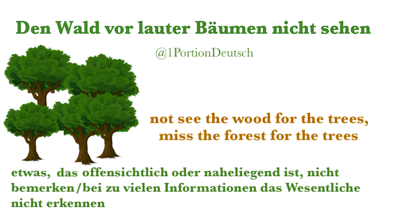 1PortionDeutsch's tweet image. #Redewendung
Beispiele:
▪︎ Leon denkt sehr abstrakt und sieht dann manchmal bei ganz einfachen Dingen den Wald vor lauter Bäumen nicht.
▪︎ Der Lehrer hat so viel geredet und alles so kompliziert erklärt, nun sehe ich den Wald vor lauter Bäumen nicht mehr. Wie war das jetzt?