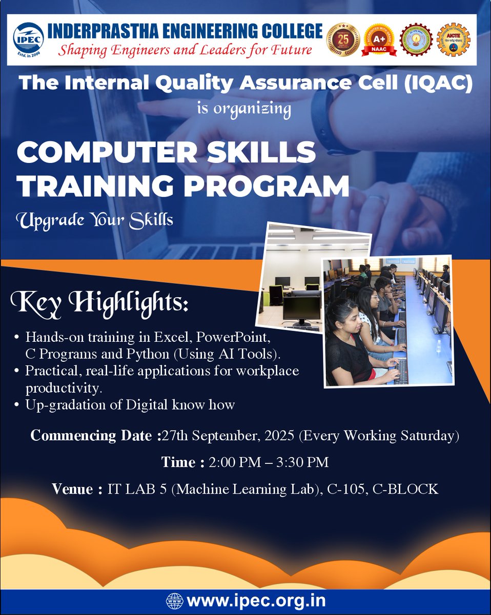 ipecgzb's tweet image. IPEC IQAC presents the Computer Skills Training Program 🚀 – hands-on learning in Excel, PowerPoint, C, Python &amp;amp; AI Tools!

📅 Commencing from: 27th Sept 2025 ⏰ 2:00–3:30 PM
📍 IT LAB 5, C-Block
.
#IPEC30 #IPEC #IQAC #ComputerSkills #Upskill #DigitalLearning #FutureReady #Excel