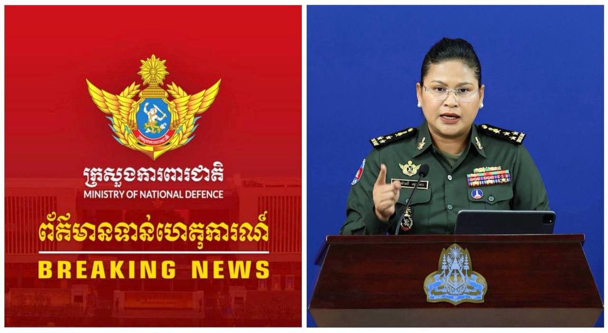KampucheaPresse's tweet photo. Press Release:

Cambodian Army Maintains Restraint as Thai Soldiers Launch Attack on Sovereign Territory

AKP Phnom Penh, September 27, 2025 --

Her Excellency Lieutenant General Maly Socheata, Undersecretary of State and Spokesperson for the Ministry of National Defence of the Kingdom of Cambodia, issues the following statement for the attention of the public and both national and international media:

At approximately 11:52 a.m. on September 27, 2025, Thai military forces launched a preemptive attack on Cambodian positions, firing mortars and multiple small arms at a Cambodian army base in the An Ses area, located within Cambodian sovereign territory.

In response, the Cambodian army exercised maximum restraint and refrained from returning fire. As of this hour, the Thai side has not yet ceased its assault.

Cambodian forces reaffirm their unwavering commitment to fully respect and implement the ceasefire agreement between Cambodia and Thailand. Cambodia will continue close cooperation at all levels to safeguard peace, preserve stability, and ensure a swift return to normalcy, and urges the Thai side to do the same.

(Unofficial translation)

#CambodiaWantsPeace
#JusticeForCambodia