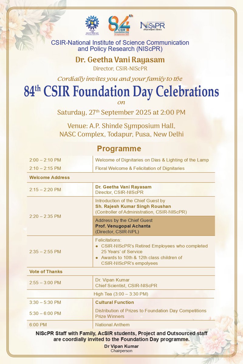 CSIR_NIScPR's tweet image. 🌟 84th CSIR Foundation Day 🌟
📍 CSIR-NIScPR, New Delhi | 27 Sept 2025

Honouring science, innovation &amp;amp; service to the nation with felicitation, awards &amp;amp; cultural events. 🇮🇳🔬

@DrJitendraSingh | @CSIR_IND |  @GVRayasam | @PIB_India | @DDNewslive | @UrduDoordarshan |…