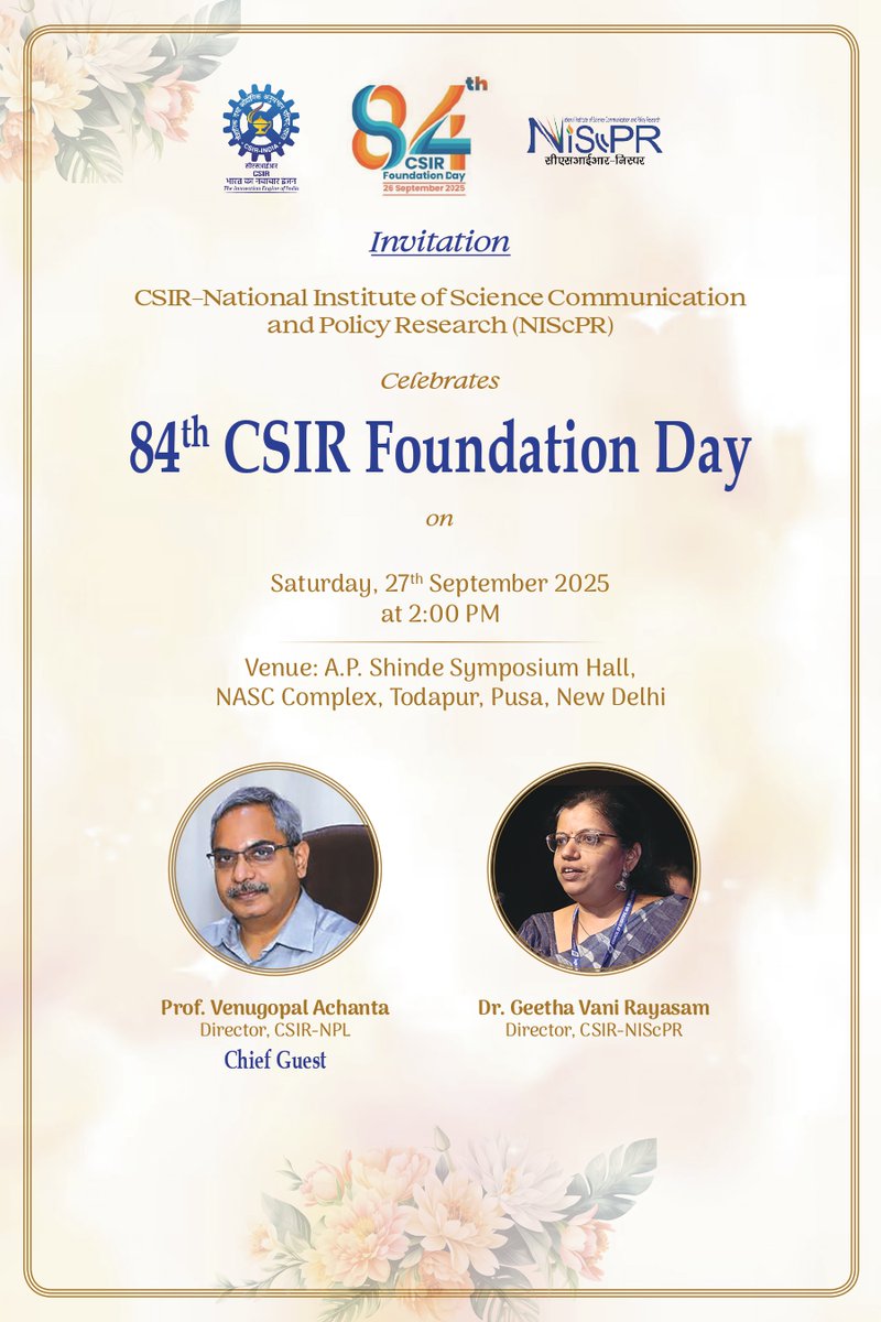 CSIR_NIScPR's tweet image. 🌟 84th CSIR Foundation Day 🌟
📍 CSIR-NIScPR, New Delhi | 27 Sept 2025

Honouring science, innovation &amp;amp; service to the nation with felicitation, awards &amp;amp; cultural events. 🇮🇳🔬

@DrJitendraSingh | @CSIR_IND |  @GVRayasam | @PIB_India | @DDNewslive | @UrduDoordarshan |…