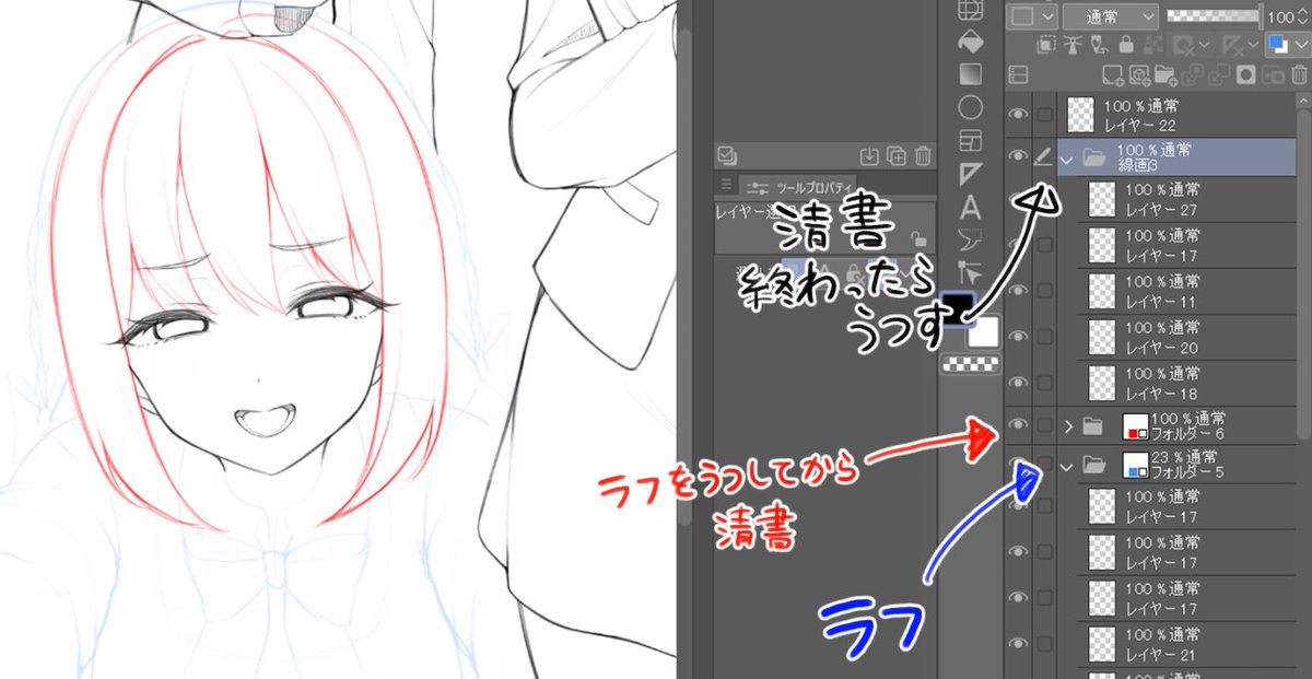 鈴田の特殊な線画を改めて描きたくない人向けのレイヤ-配置。見やすいようにラフの色、作業中の色、完成品の色を分けてます。 