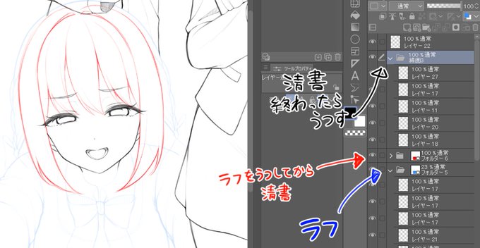 鈴田の特殊な線画を改めて描きたくない人向けのレイヤ-配置。見やすいようにラフの色、作業中の色、完成品の色を分けてます。 