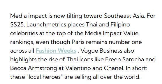 Vogue Business also highlights the rise of Thai icons like Freen Sarocha and Becky Armstrong at Valentino and Chanel. In short : these "local heroes" are selling all over the world.

#ฟรีนเบค #FreenBecky
#srchafreen #beckysangels