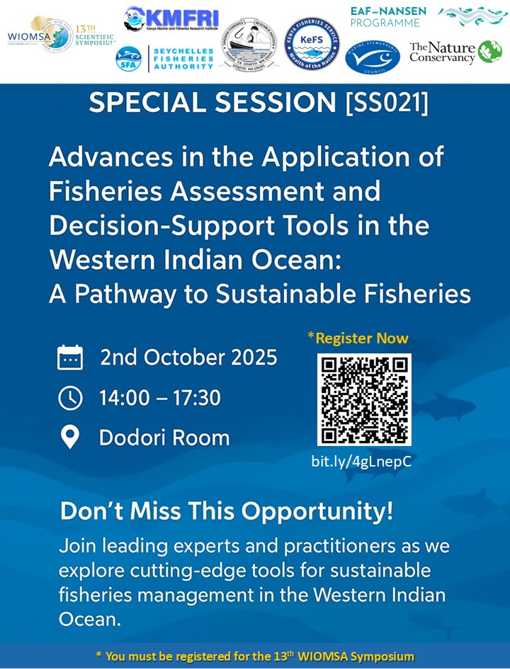 The biggest scientific conference is here!
*Special Session at the #13thWIOMSA Scientific Symposium! *🌊

Join us during the symposium for “Advances in the Application of Fisheries Assessment and Decision-Support Tools in the Western Indian Ocean: A Pathway to Sustainable