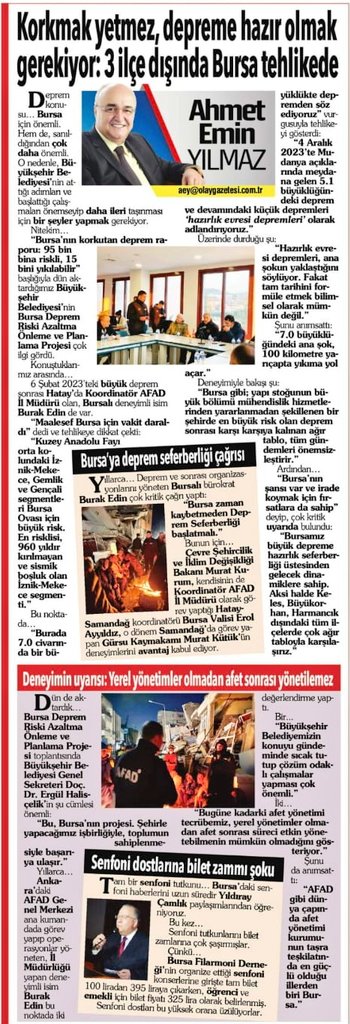 Bursa'nın duayen köşe yazarı Sn. Ahmet Emin Yılmaz, Olay Gazetesindeki bugünkü yazısında Bursa Ovasını tehdit eden deprem gerçeğine ilişkin sohbetimize yer vermiş.

Konuya hassasiyetleri için bir Bursalı olarak kendilerine hassaten teşekkür ederim.
<a href="/ahmeteminyilmaz/">Ahmet Emin Yılmaz</a>
#Bursa #deprem