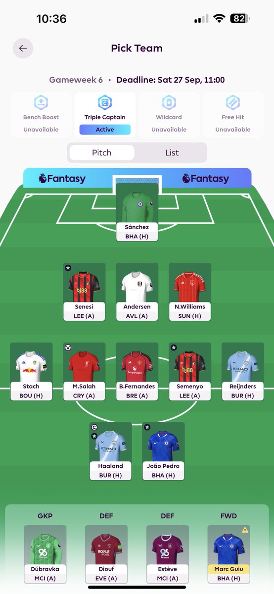 GW6 is triple captain time 🙏🙏🙏

3FT Watkins, Wirtz and Porro to Haaland, Stach and Senesi

Hoping having both Salah and Haaland for a few weeks will be fun until I hit the WC

Good luck everyone 🍀