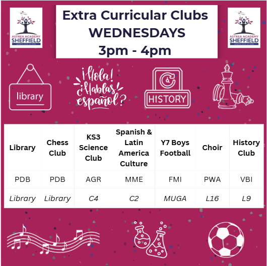 AstreaAcadSheff's tweet image. Our extra-curricular clubs are all up and running and there is lots on offer!
Check out the timetable 📆
Get yourself to a club and attend every week for a full term to get one of the criteria of the mountain of excellence 🌄🔥
#beastreanomical
#curiousity
#AAScommunity