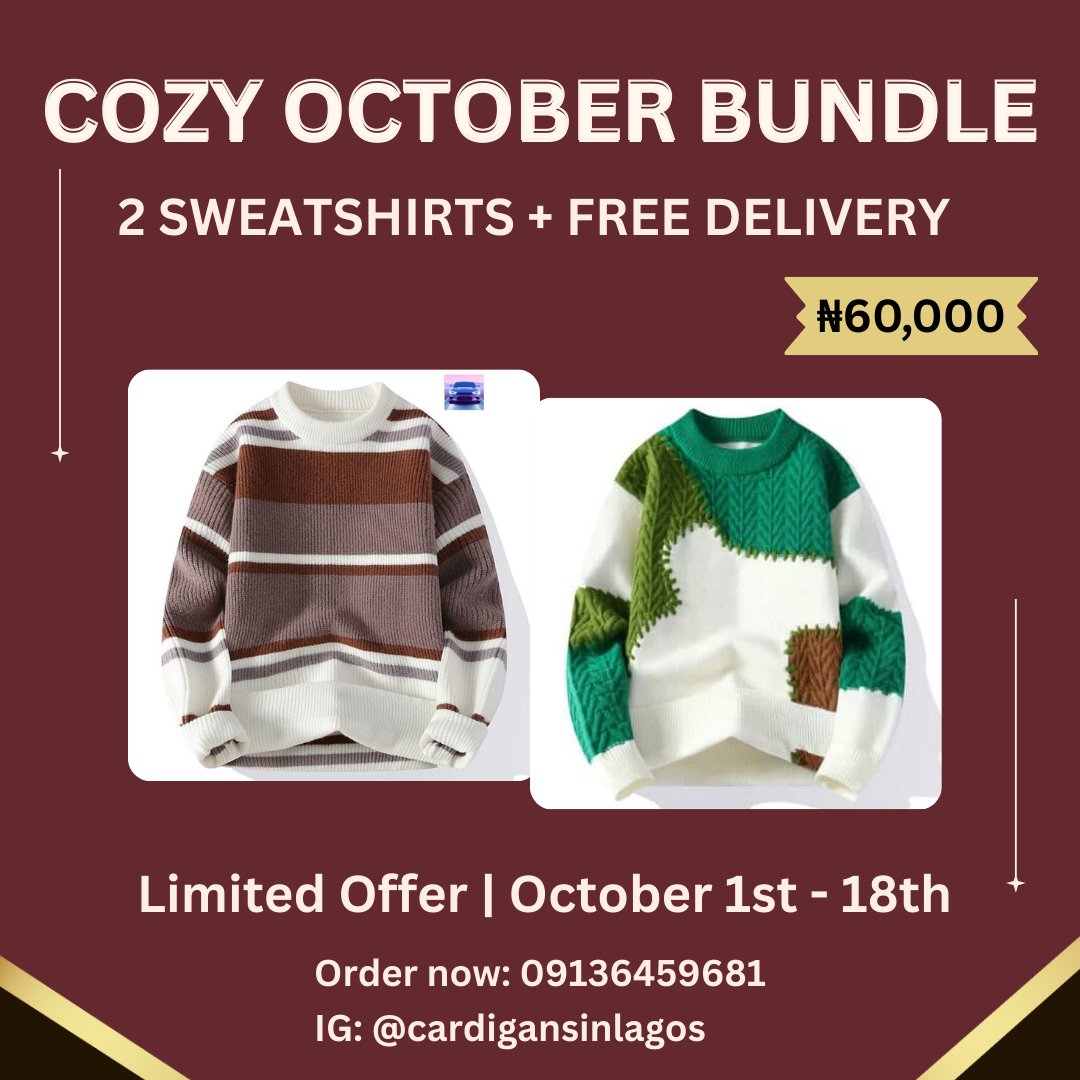 AFinewomannnnn's tweet image. One for you, one for someone special 💙
Our Cozy October Bundle gives you 2 sweatshirts + free delivery for just ₦60k.
Twinning has never been easier💫💫
Send a DM to 08071207831 to place an order!!