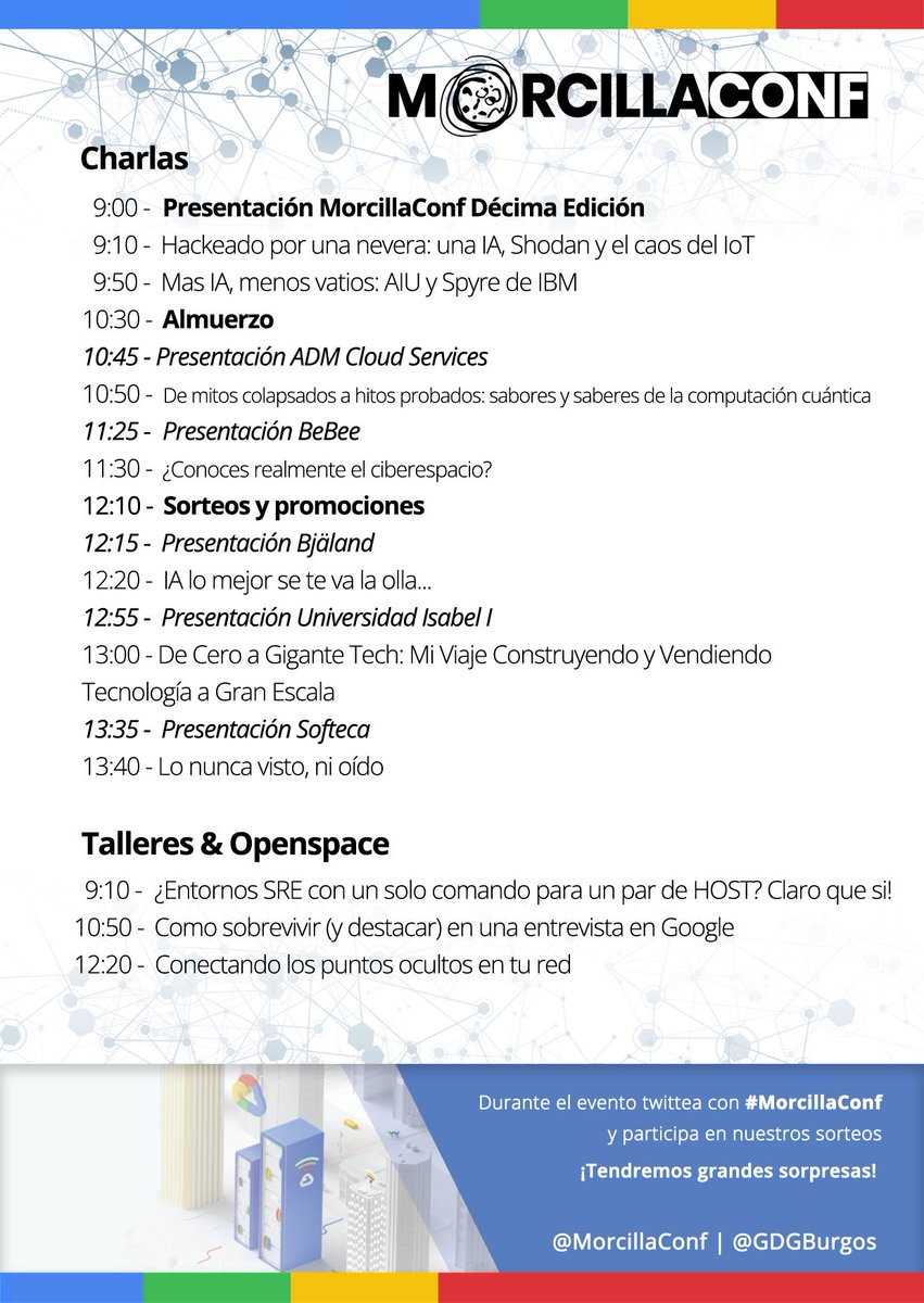 🚀 ¡Empezamos ya la segunda jornada de nuestra décima edición! 

Os dejamos por aquí los horarios. Además, os recordamos que los talleres son abiertos hasta completar aforo  😉

¡Qué disfrutéis de nuestra X edición! 🎉