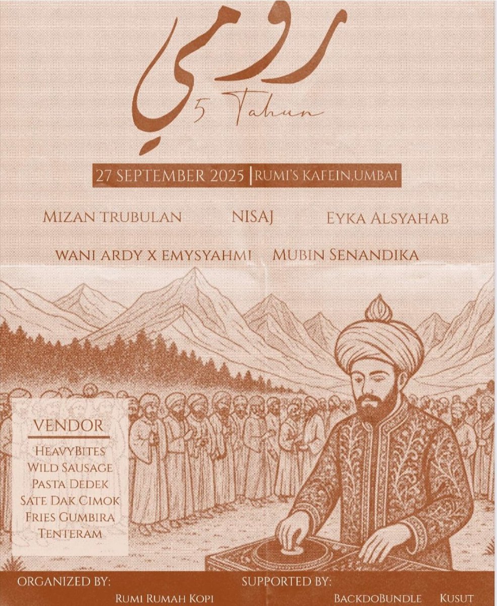 Malam ini puisi dan lagu saya bakal berlingkar di udara Melaka. Ditemani sahabat saya EmySyahmi, saya akan mendendangkan sajak² saya dari antologi Untuk Yang Telah Pergi &amp; Hujan Bakawali di Rumah Tuhan terbitan Ripta.

Rumi's Kafein by Rumah Kopi.
Coffee &amp; music, supper &amp; poetry.
