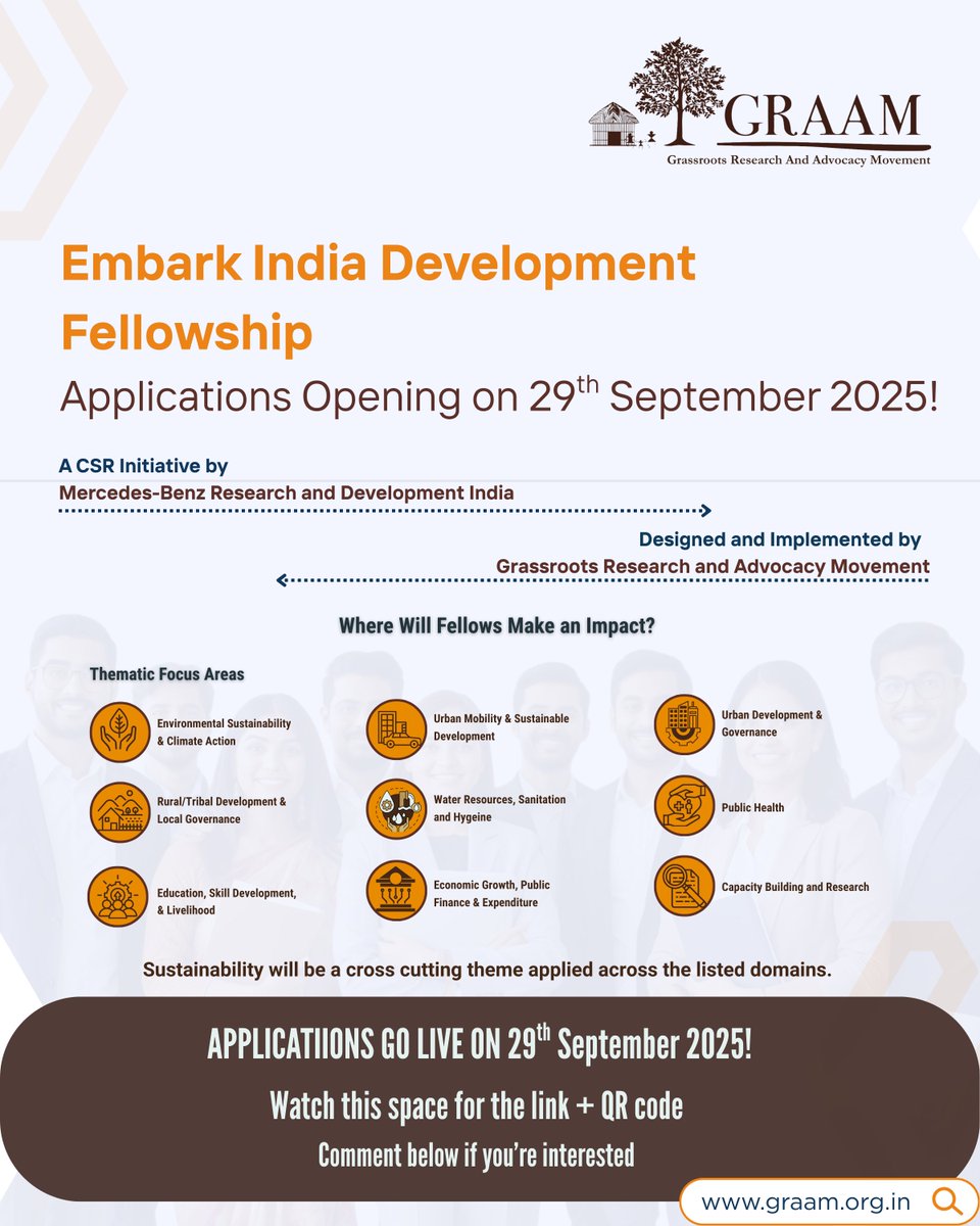 The Embark India Development Fellowship offers hands-on work in key domains: Sustainability &amp; Climate, Urban Mobility, Urban Development, etc.,
✨ Sustainability cuts across all areas.
Applications open on 29th September 2025! 
#EmbarkIndiaDevelopmentFellowship #fellowship