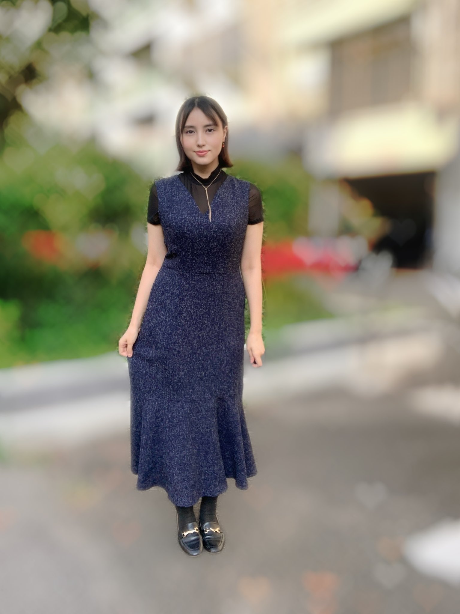 overE ツイードライクマーメイドワンピース：ネイビー　96サイズ ツイードライクマーメイドワンピース：ネイビー│胸が大きな女性