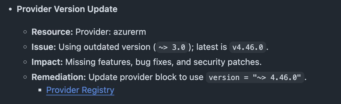 tamstar1234's tweet image. Morning coffee and a few updates to my GitHub Action: Terraform AI Review - should hopefully have an early version available next week

It also makes use of Terraform MCP server - example screenshots making reference to latest azurerm provider version: 4.46.0

#GitHub #Terraform…