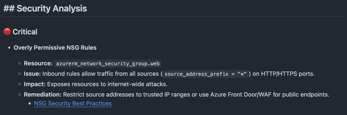 tamstar1234's tweet image. Morning coffee and a few updates to my GitHub Action: Terraform AI Review - should hopefully have an early version available next week

It also makes use of Terraform MCP server - example screenshots making reference to latest azurerm provider version: 4.46.0

#GitHub #Terraform…