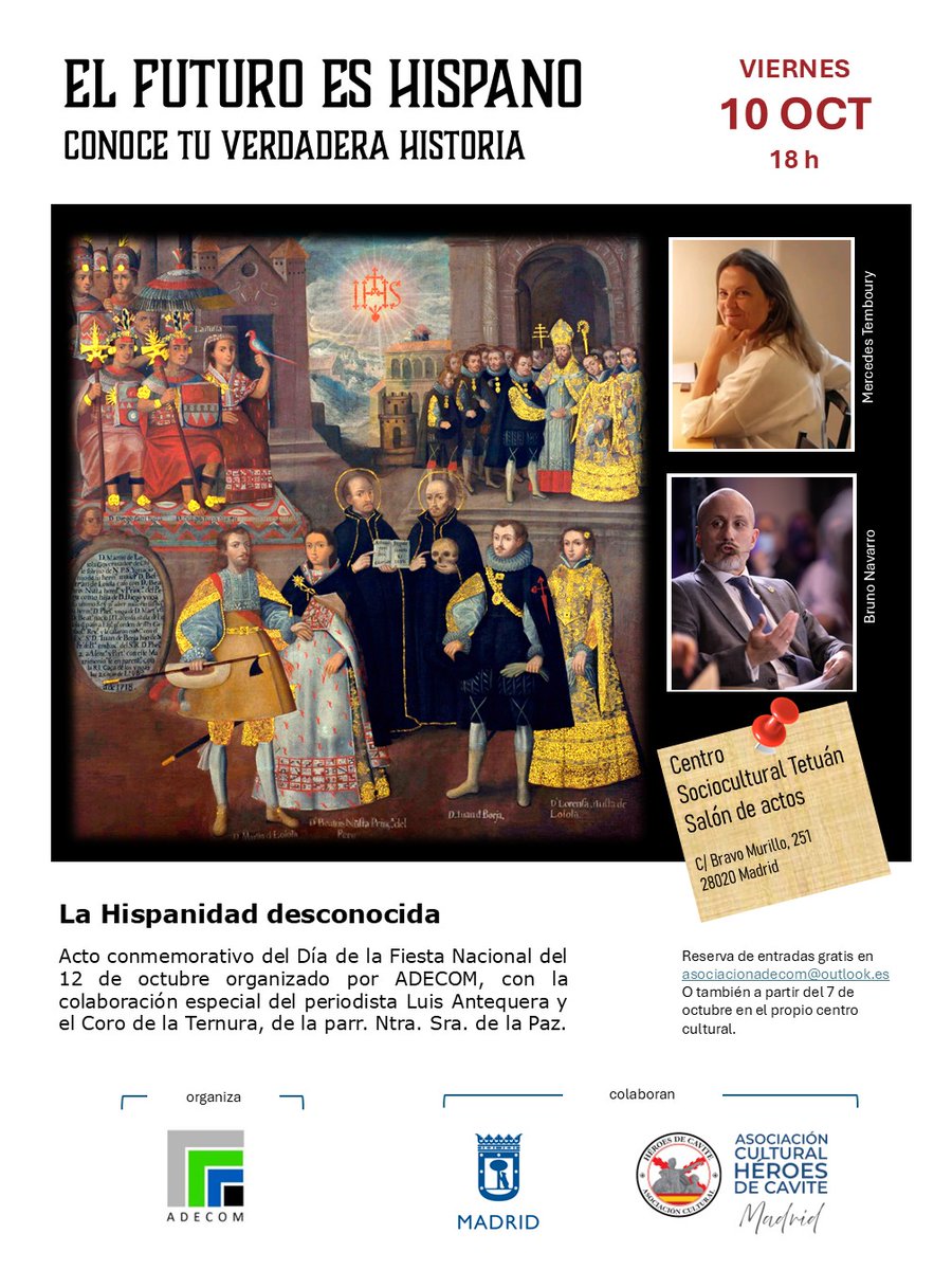 Viernes, 10 de octubre, 18 h #Tetuán
Ya puedes solicitar tus entradas para la conferencia sobre la #inquisición y la #hispanidad de Mercedes Temboury, Bruno Navarro y Luis Antequera en el siguiente enlace
adecom-asociacion.blogspot.com/2025/09/confer…