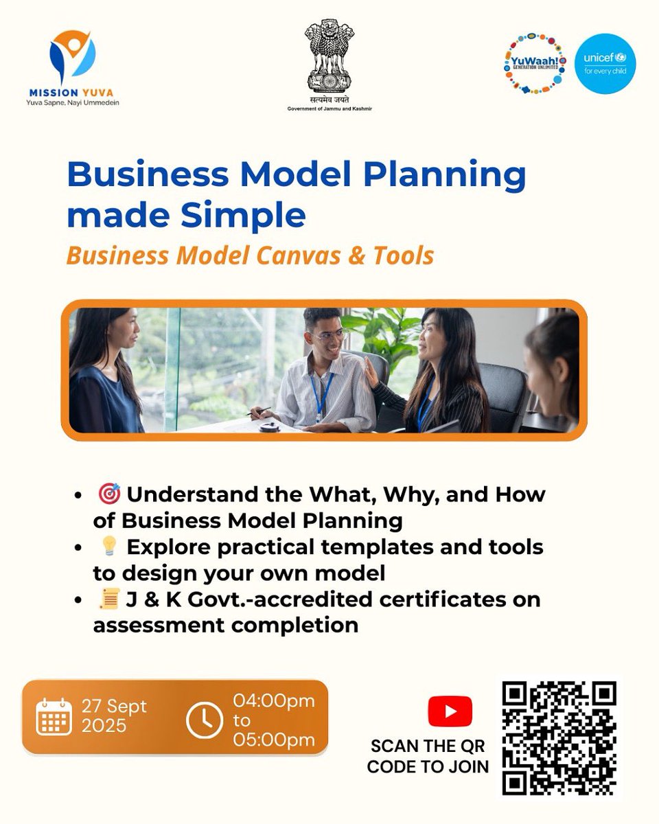YuvaJKofficial's tweet image. 📢 Business Model Planning Made Simple

Unlock the power of Business Model Canvas &amp;amp; Tools!
🗓️ 27 Sept 2025 | ⏰ 04:00–05:00 PM
Live link -&amp;gt; youtube.com/live/oTb6xQqhE…

#MissionYUVA #Entrepreneurship #BusinessModel