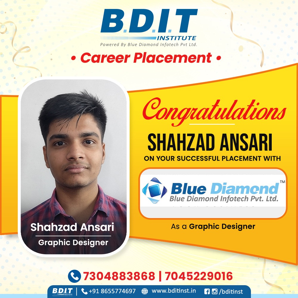 BDITinst's tweet photo. Big Congratulations to Shahzad Ansari! 🎉👏

Your dedication and persistence have paid off! 💼✨ Wishing you the very best in your new role as Graphic Designer at Blue Diamond Infotech Pvt. Ltd. 🚀📈 May your journey ahead be filled with success and learning! https://t.co/RuueztkxXP
