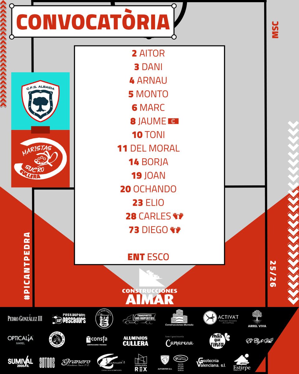 🔛 Jornada 2 | Preferent
🆚 CFS Albaida – Maristes Sucro Cullera
🗓 Dissabte 27/09 | 🕓 17.00 h | 📍 Albaida

Partit exigent davant un rival recent ascendit i amb victòria en la 1a jornada. Toca donar-ho tot per sumar 3 punts més! 💪🏼

#PicantPedra