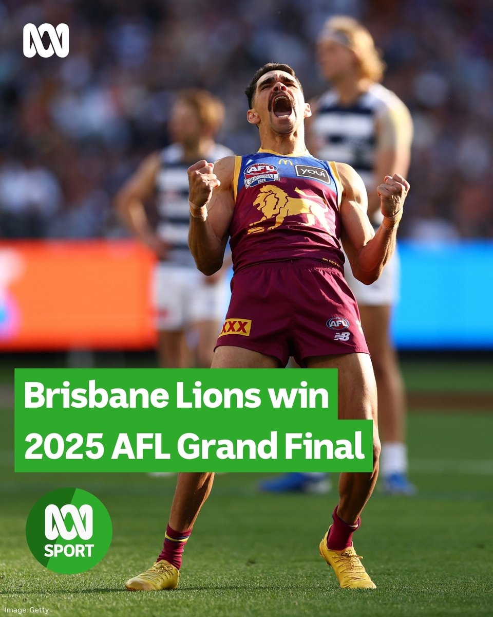 abcsport's tweet photo. THE LIONS GO BACK-TO-BACK!! 🦁🏆

Brisbane storms home to win the 2025 AFL Grand Final by 47 points, 122-75 over Geelong at the MCG.

The teams couldn’t be split in the first half, but the Lions ran away with it in the second, piling on 13 goals to six.

Hear the #AFL Grand Final live and ad-free on the ABC listen app: https://t.co/UUIIDPDjKJ
Live blog: https://t.co/EChtF1zhUD
