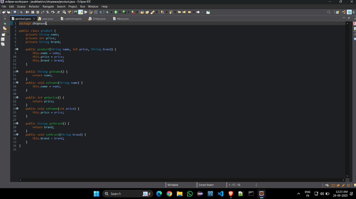 Bhanu_Codes_404's tweet image. Day 35/365-Core Java
#365DaysOfCode
#100DaysOfJava
📈 5th mini project on Product mart System Based OOPs Concepts.
Using Principles👇:
🎭 Abstraction
🧬 Inheritance
🔀 Polymorphism
🔒 Encapsulation
#Java #techTwitter #Database #LetsConnect #BuildInPublic
#DevCommunity #Coding