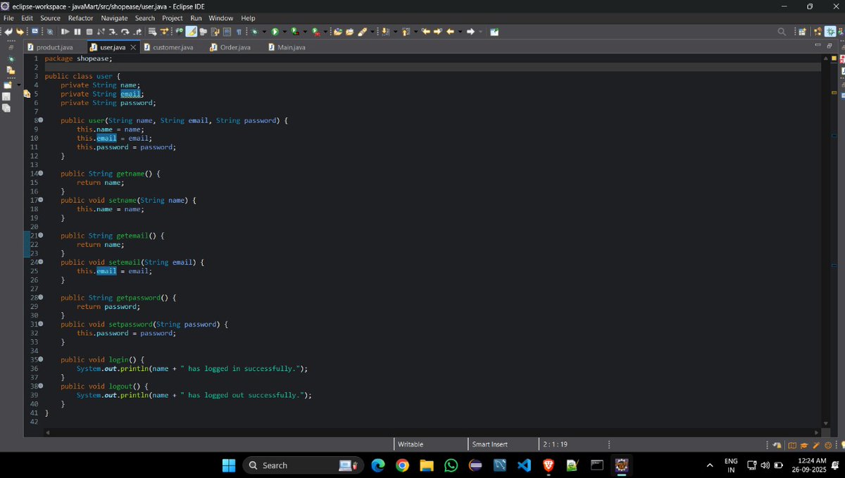 Bhanu_Codes_404's tweet image. Day 35/365-Core Java
#365DaysOfCode
#100DaysOfJava
📈 5th mini project on Product mart System Based OOPs Concepts.
Using Principles👇:
🎭 Abstraction
🧬 Inheritance
🔀 Polymorphism
🔒 Encapsulation
#Java #techTwitter #Database #LetsConnect #BuildInPublic
#DevCommunity #Coding