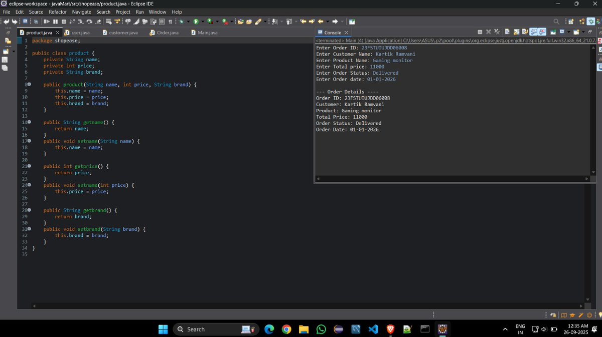 Bhanu_Codes_404's tweet image. Day 35/365-Core Java
#365DaysOfCode
#100DaysOfJava
📈 5th mini project on Product mart System Based OOPs Concepts.
Using Principles👇:
🎭 Abstraction
🧬 Inheritance
🔀 Polymorphism
🔒 Encapsulation
#Java #techTwitter #Database #LetsConnect #BuildInPublic
#DevCommunity #Coding