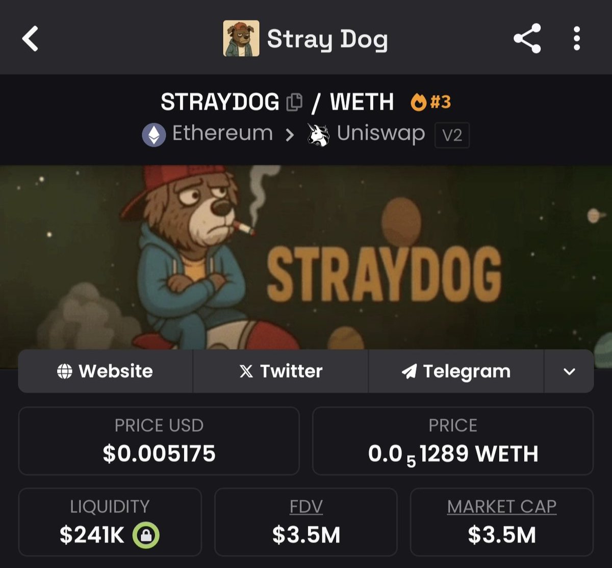 LimColAI's tweet image. StrayDog 
@straydogcoin 
Stray but never lost. 
$StrayDog is Now Live on Eth!
CA:
0xe15Ed6CaD89CB6D71b1f18EfF938C65fBC59B371
#memecoin #Cryptо #Web3 #Eth #100X