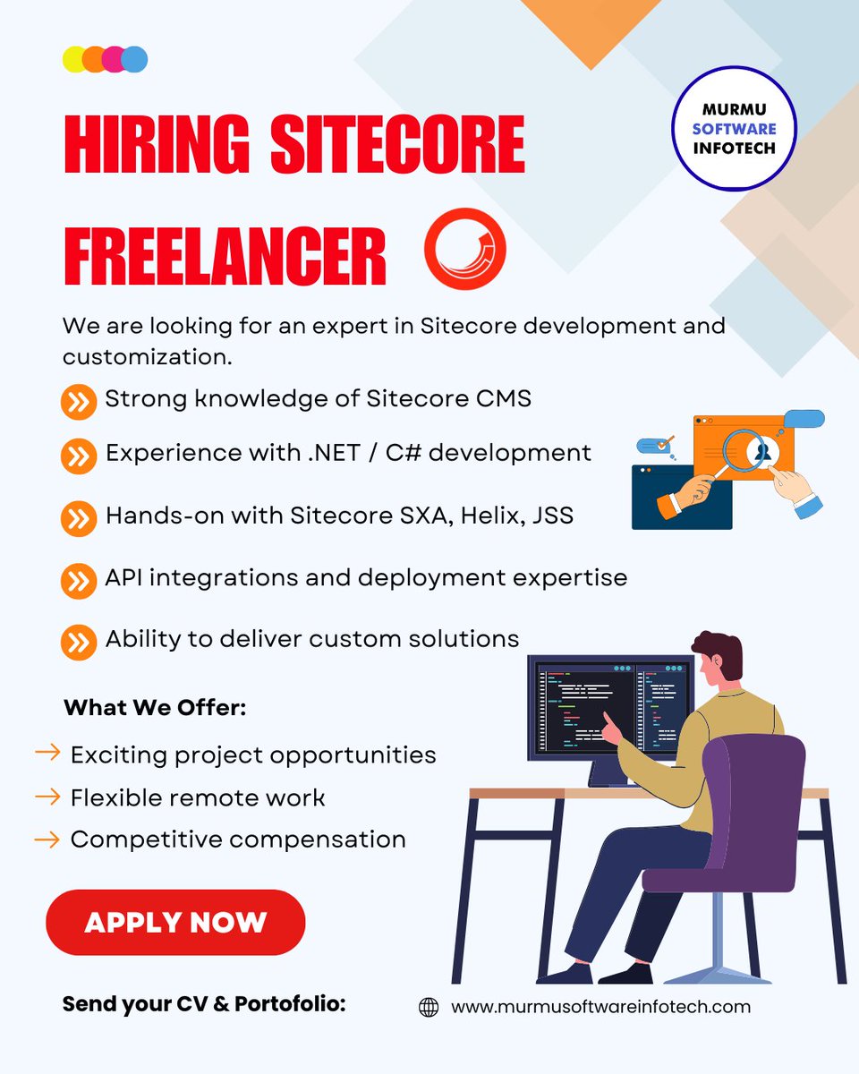 MurmuSoftware's tweet image. We’re Hiring – Sitecore Freelancer
Looking for experts in ✔ Sitecore CMS Development & Customization
📩 Send your CV & Portfolio today
📞 +91 9110176498
🌐 murmusoftwareservices.com/salesforce-sap…
#Sitecore #SitecoreDeveloper #FreelanceOpportunity #DotNetDeveloper #RemoteWork #HiringNow