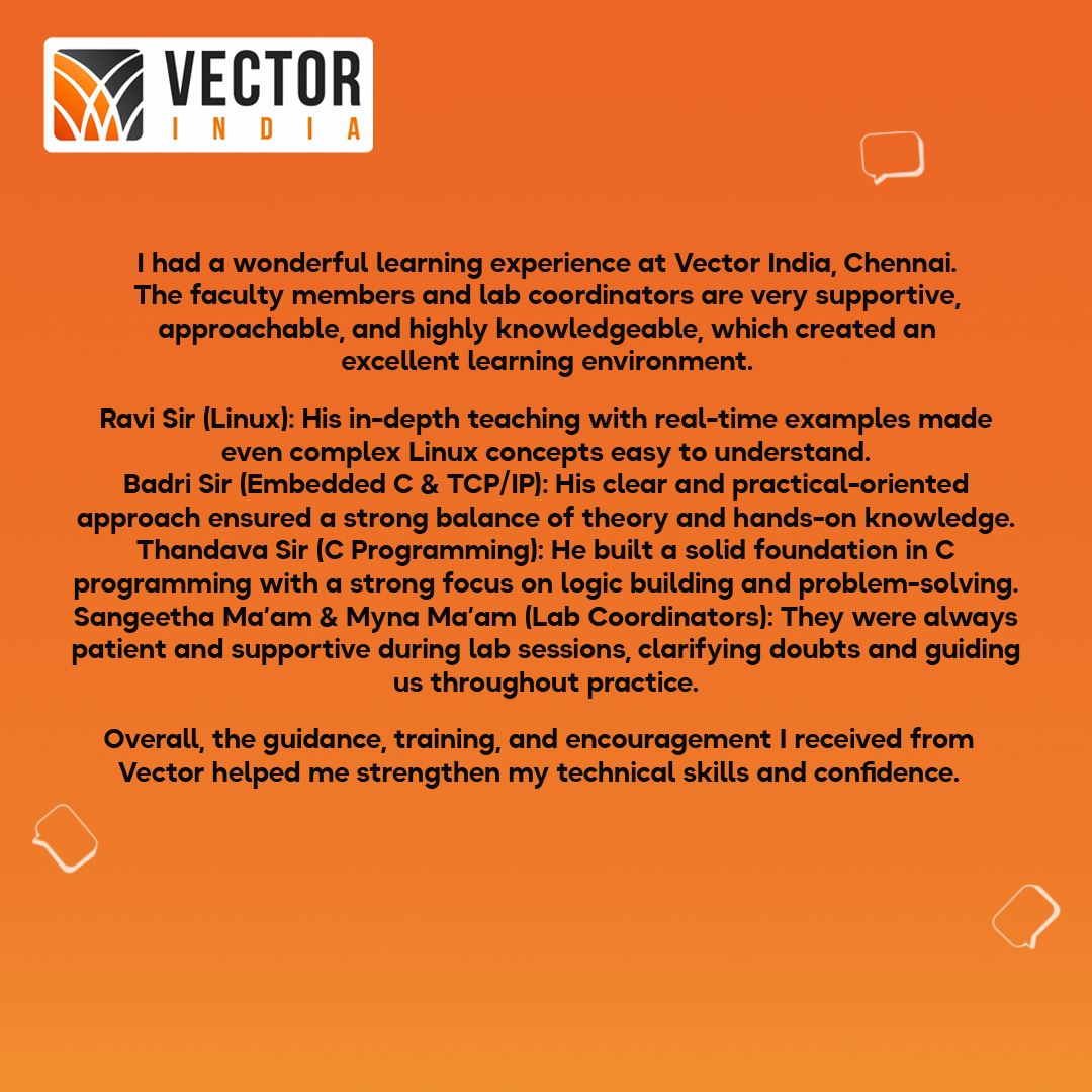 Vector_India's tweet image. Congrats to T Kavin from Chennai for landing an Embedded Developer role at SRM Tech with a 3.2 LPA package! Thanks to the expert training & support at Vector India, he’s ready to shine. Wishing him all the best! #CareerSuccess #EmbeddedDeveloper #VectorIndia