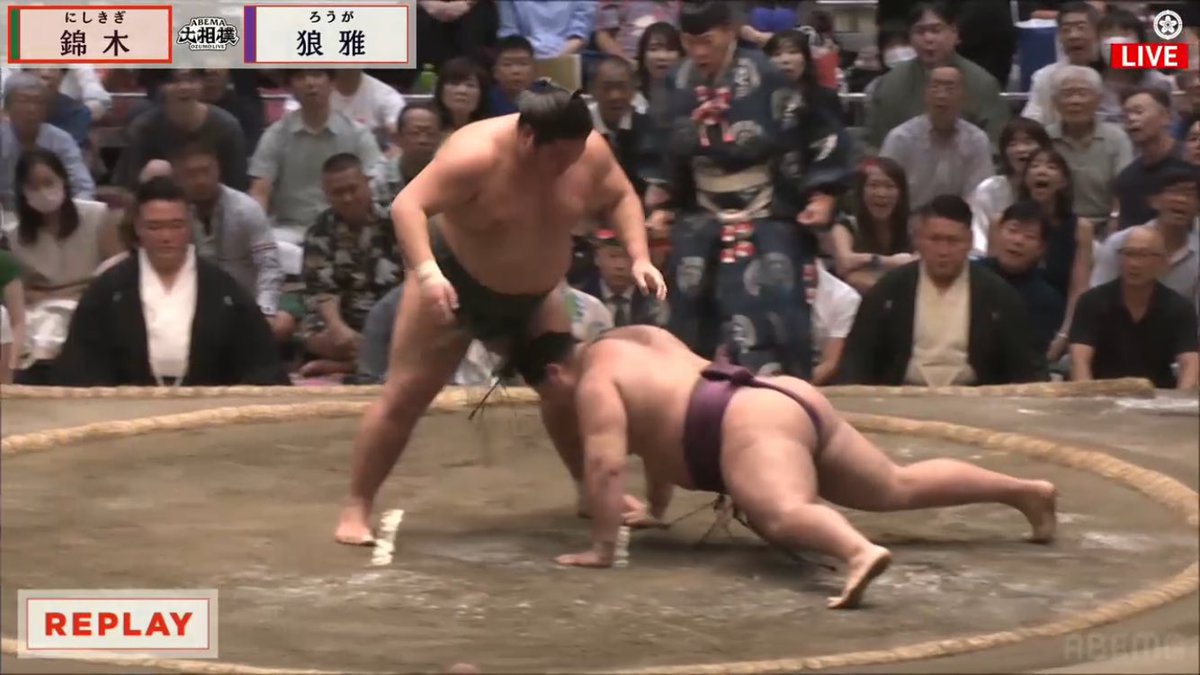 十四日目、錦木関、相手の腕を極めて嫌がって引いた相手を落として、引き落としを決めました！

待望の二勝目！
両眼が開きました！

応援タオル掲げた大応援団の皆様、ありがとうございます😊

明日の相手は19時頃には発表されるかと。
明日も白星！