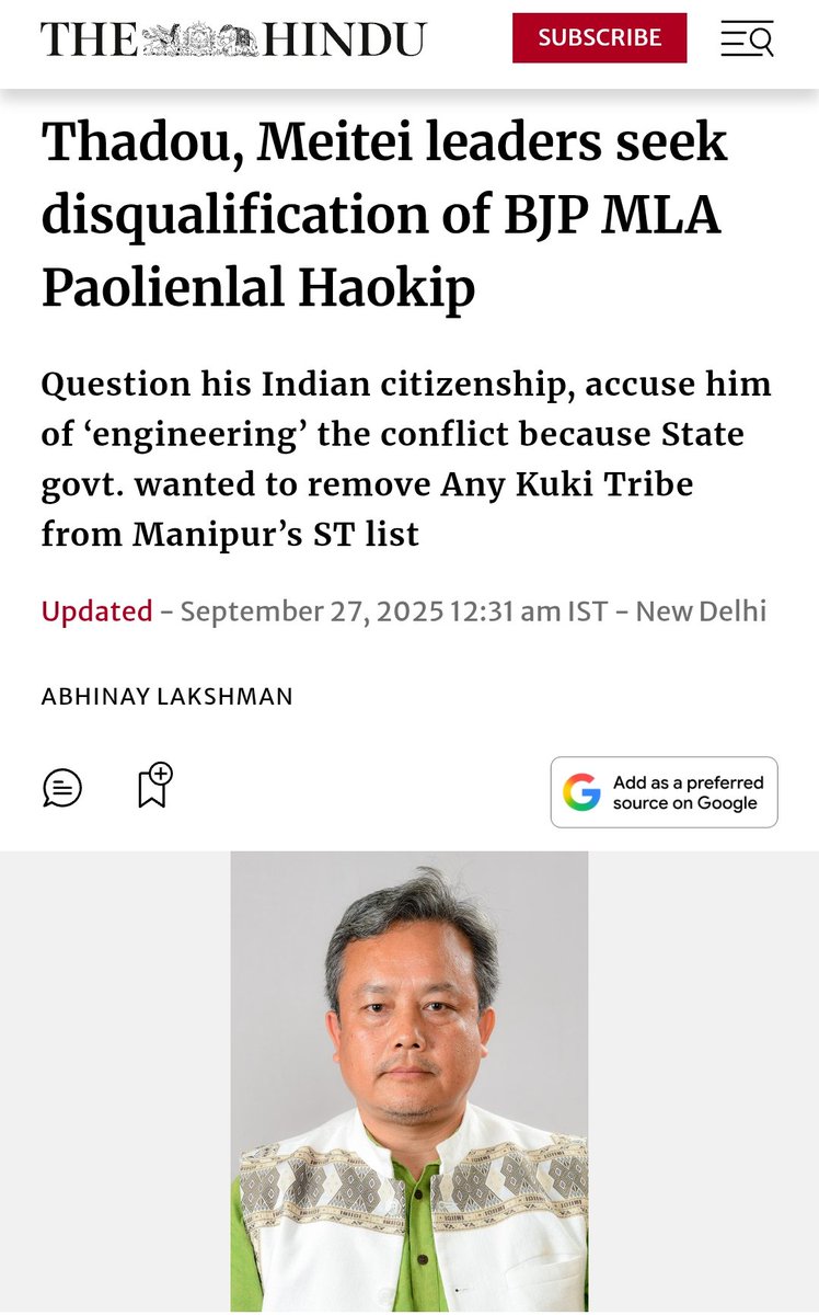 MeeteiTodayII's tweet image. #BREAKING: Kuki MLA Paolienlal is NOT a Citizen of India.

Thadou &amp;amp; Meetei leaders seek disqualification of the Kuki MLA Paolienlal Haokip, questioning his Indian citizenship and accusing him of ‘Engineering’ the Manipur Violence 🔥

More details at thehindu.com/news/national/…

@ANI