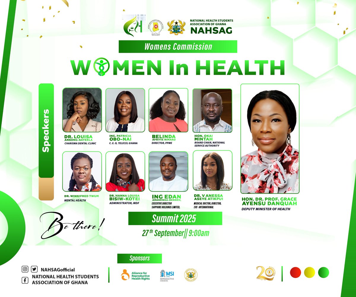 NAHSAGOFFICIAL_'s tweet photo. 📣 Today is the BIG DAY!
The much-anticipated Women in Health Summit 2025 is finally here! 🎉

Join us this morning as we host an inspiring lineup of trailblazing speakers, thought leaders, and health professionals who are making remarkable strides in the health sector and beyond.

🗓 Date: 27th September 2025
⏰ Time: 9:00am
📍 Venue: Ministry of Health auditorium 

@mohgovgh @ProfDrGADanquah @drlouisa_s @okaimintah @PatriciaOboNai