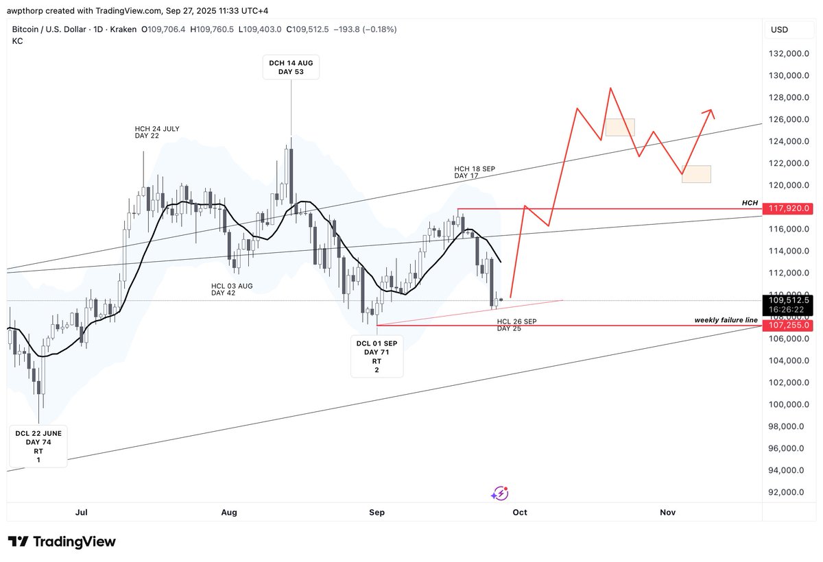 The optimist approach for Bitcoin

Quite a deep pull into a HCL on the daily

Any crosses below the current DCL will mean a decline for a little while longer

Average 60 day cycle puts us into late October

Simple approach = below 107k = bad above 117k = good

%R and RSI quite