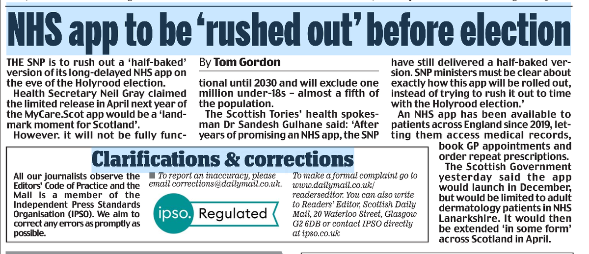 A newspaper clipping with text about an NHS app. The headline reads "NHS app to be \'rushed out\' before election." Visible text includes details about the app\'s rollout in Scotland by 2030, mentions of the Scottish National Party (SNP), and references to health appointments and prescriptions. The text is formatted in columns with a logo labeled "ipso Regulated" at the bottom.