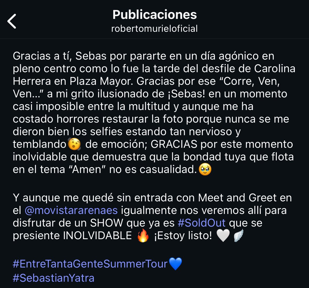 RobertoMurielOF's tweet image. 🪽Ey @SebastianYatra ! Te debía un GRACIAS infinito 🥹 desde que te vi, 
la semana pasada. Aquí va… ⬇️💙🙏🏽

instagram.com/p/DPEwEAJjdZq/…

#EntreTantaGenteSummerTour 💙
#SebastianYatra
#Inolvidable
#Gracias 
#Yatra