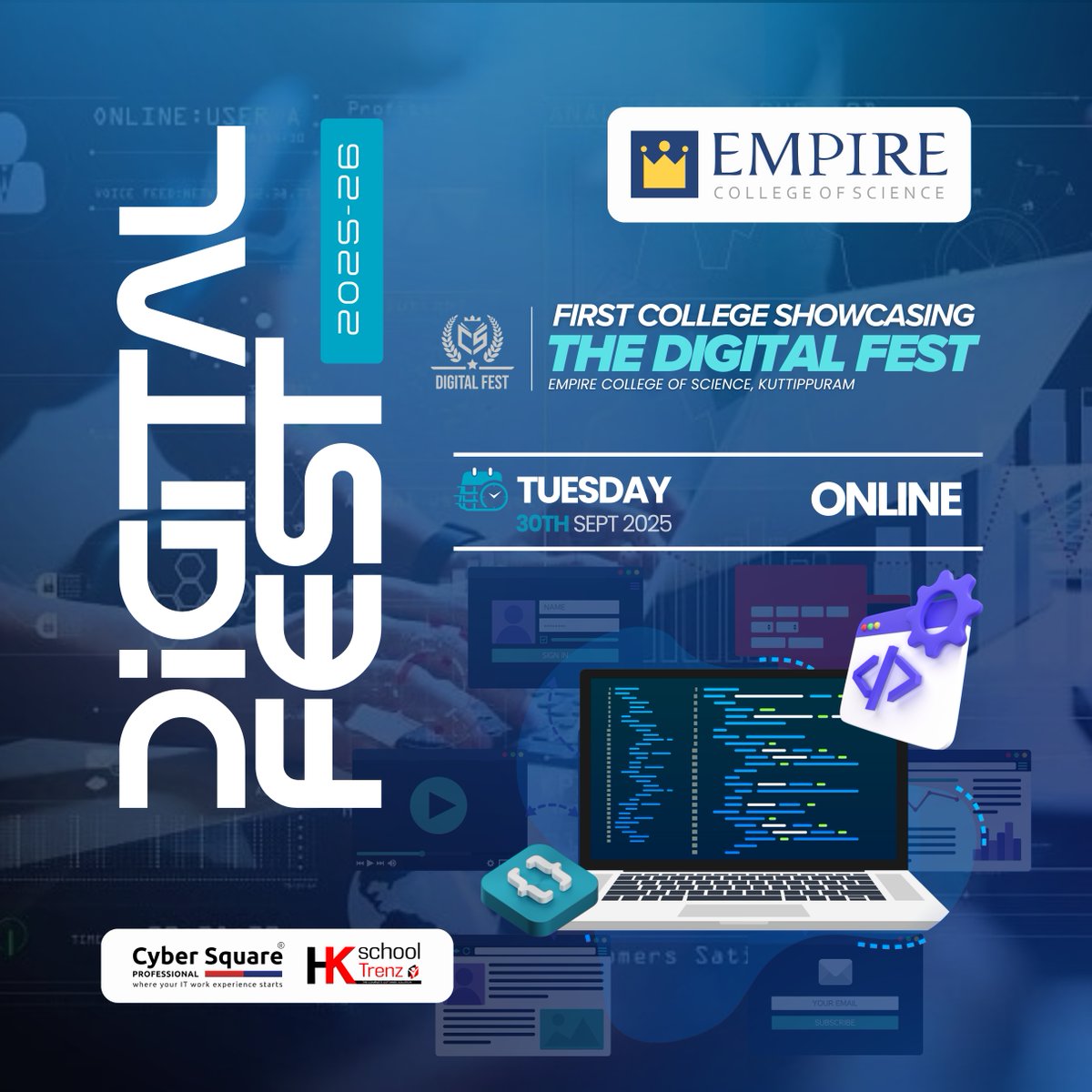 CyberSquarePro's tweet image. Cyber Square’s first-ever Digital Fest at college is here!  
Happening at Empire College of Science on September 30, 2025...Stay tuned

#cybersquare #edtech #digtalfest #techevent