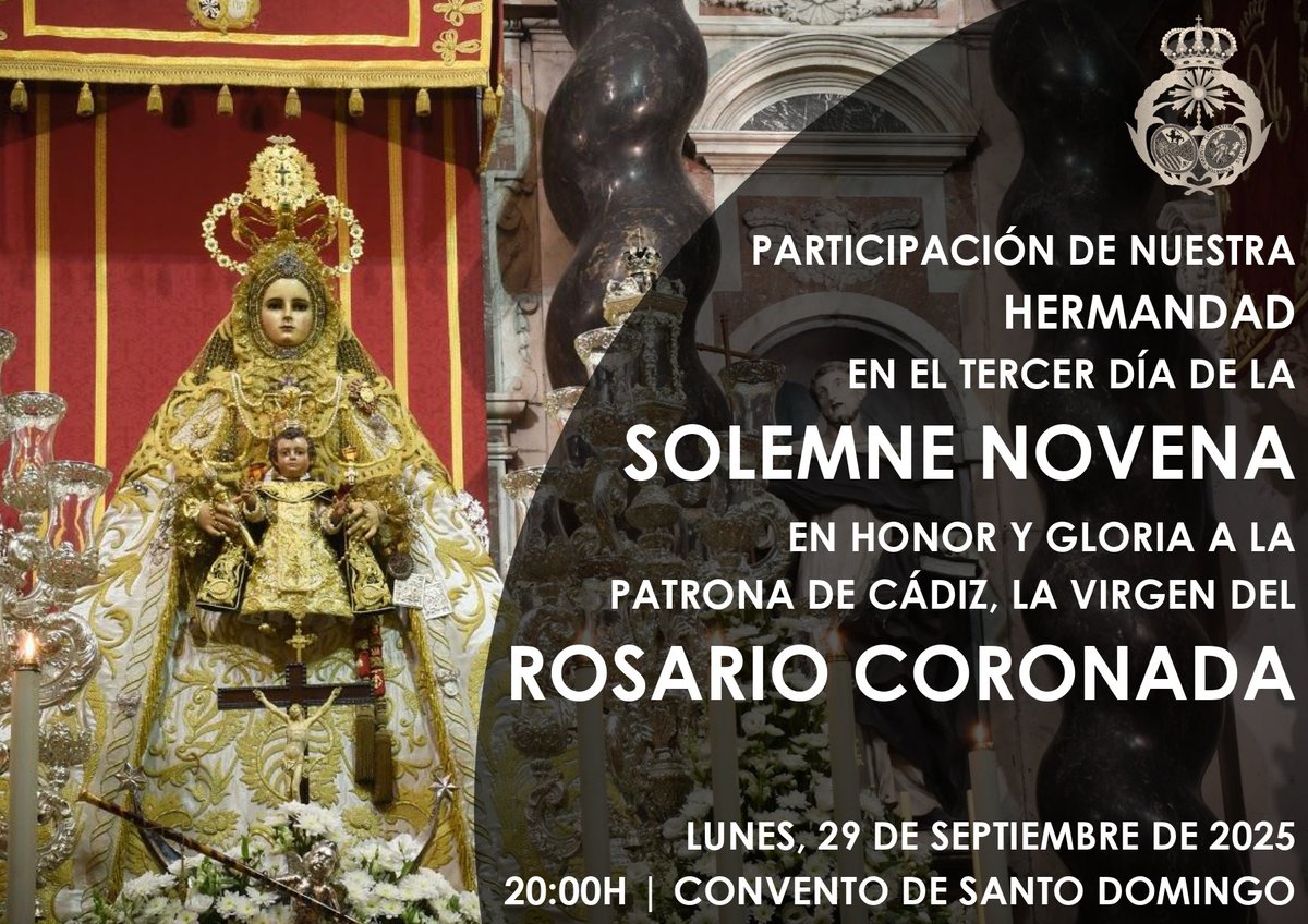 PARTICIPACIÓN EN LA NOVENA DE LA PATRONA

El lunes, 29 de septiembre a las 20:00h, participaremos en la Novena de la Patrona, la Virgen del Rosario, en el Convento de Santo Domingo.

Invitamos a todos nuestros hermanos y hermanas a participar portando la medalla de la Hermandad.