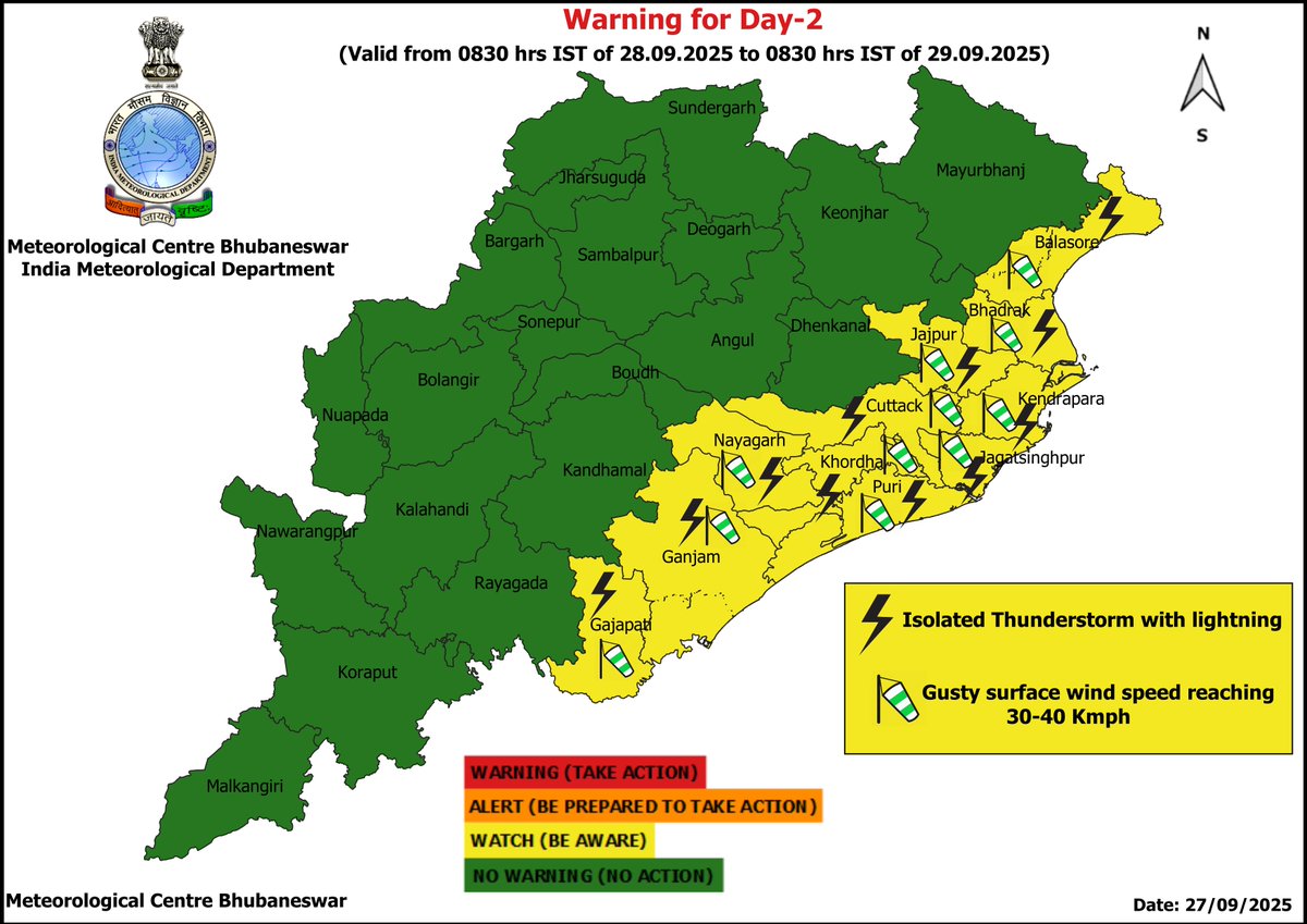 mcbbsr's tweet photo. Warnings over the State.  
Day-1 : Heavy Rainfall, Thunderstorm/Lightning &amp; Gusty Surface Wind warning.
Day-2 to Day 4 : Thunderstorm/Lightning &amp; Gusty Surface Wind warning.
Day-5 : Heavy Rainfall, Thunderstorm/Lightning &amp; Gusty Surface Wind warning. https://t.co/5tT1ZN23E0