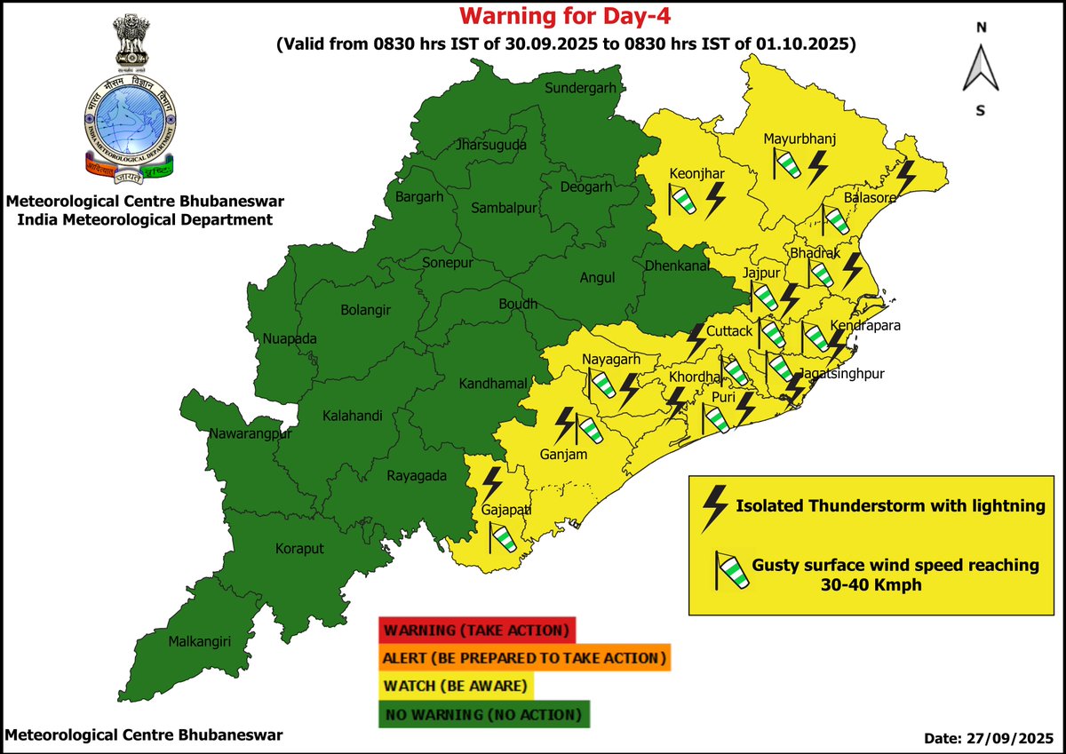 mcbbsr's tweet photo. Warnings over the State.  
Day-1 : Heavy Rainfall, Thunderstorm/Lightning &amp; Gusty Surface Wind warning.
Day-2 to Day 4 : Thunderstorm/Lightning &amp; Gusty Surface Wind warning.
Day-5 : Heavy Rainfall, Thunderstorm/Lightning &amp; Gusty Surface Wind warning. https://t.co/5tT1ZN23E0