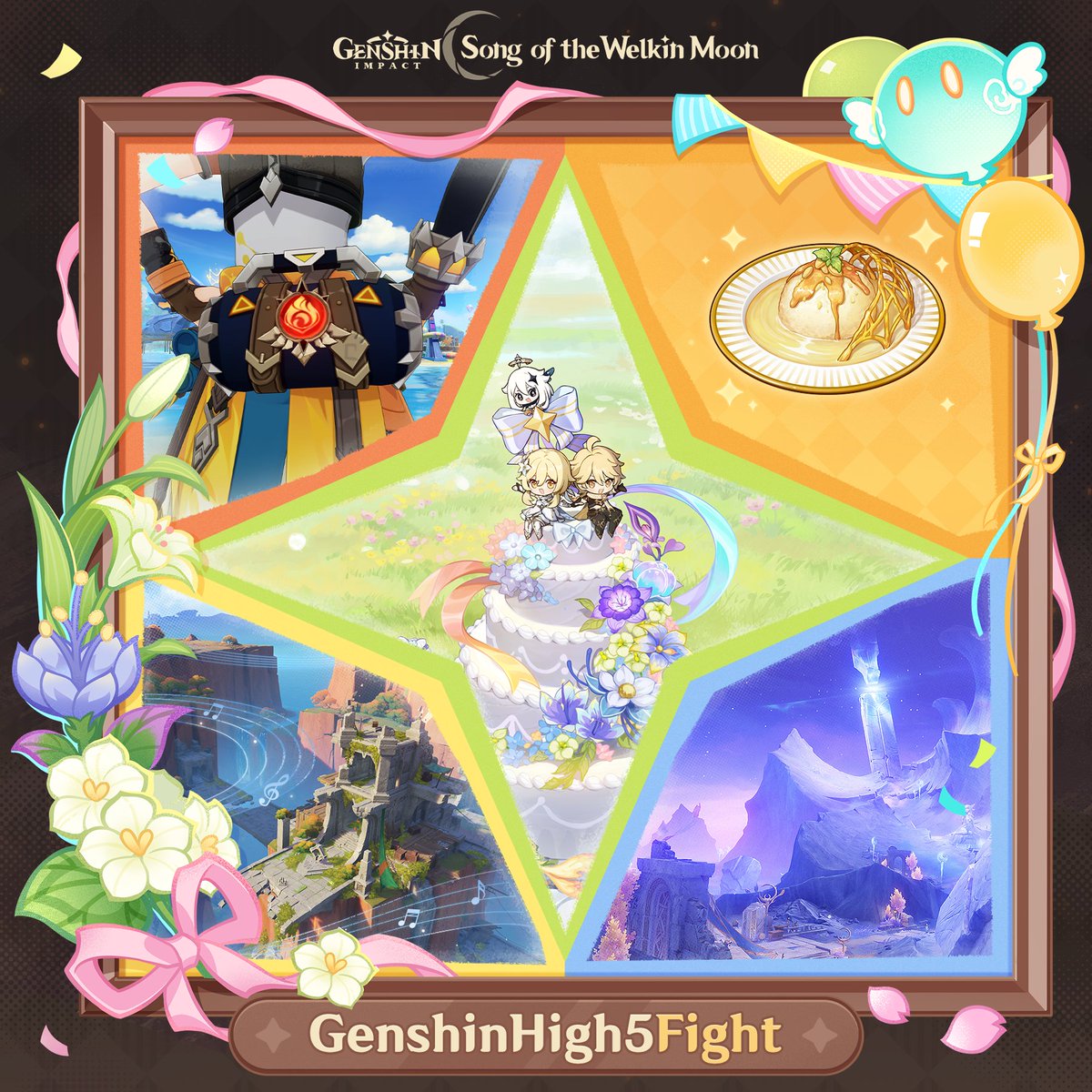 GenshinImpact's tweet photo. Hello, Traveler!
#GenshinHigh5 

The most precious treasure on the journey to our 5th anniversary is no doubt the companions who've traveled by your side.
Share the story of the dearest companion who's walked this journey with you. Tell us your memories together, and leave a heartfelt anniversary wish below!

And of course, we've prepared a little gift for all our Travelers!
Redemption Code: GenshinHigh5Fight
Primogems ×30, Ile flottante ×1, Hero's Wit ×3, and Fine Enhancement Ore ×3

The redemption code is valid until 10/11/2025 23:59 (UTC+8), redeem it in-game or click the link below:
https://t.co/pfC2oHYAo8
*After using the redemption code, the rewards will be sent to your in-game mailbox. The mail will expire after 30 days, so don't forget to claim your rewards in time.

May every encounter shine like starlight. Now, let's journey forth together — ad astra abyssosque!