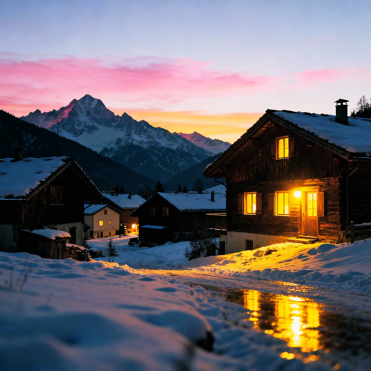 A small alpine village at dusk, warm lights in windows reflecting on snow, and distant peaks catching the last pink glow.perfect place for vacation 😇 <a href="/askjuneai/">June</a>  brought this to life 😍
