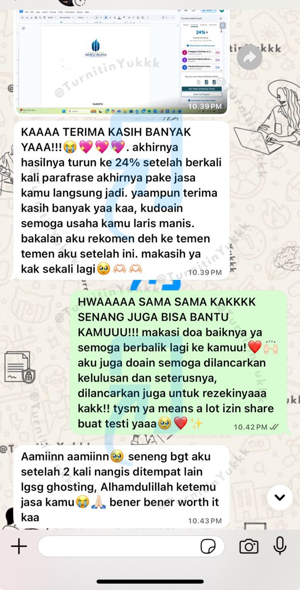 turnitinyukkk's tweet photo. Joki parafrase menurunkan plagiasi turnitin sudah open kembali yaa! antrian sudah mulai aman😉 belum sempat upload testi tapii intip dikit testi kemarin hihiii!!💖 yang mau tanya-tanya dulu langsung wa di bio yah!🚀✨ https://t.co/bZnSTBL7Yk