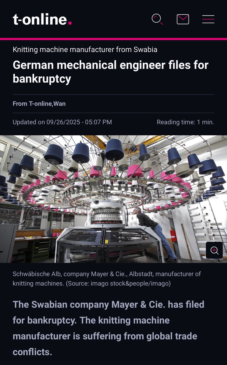 🇩🇪 SANCTIONS: Legendary German engineering company Mayer &amp; Cie declared bankruptcy after its 120th anniversary.

This is a global market leader with 300 patents.

According to company information, the main reasons for the lower sales are the trade conflict between the US and