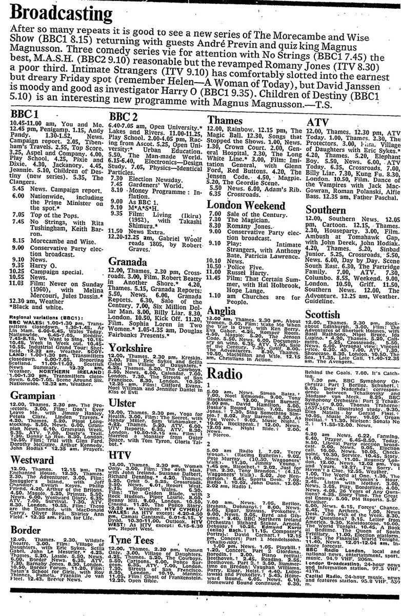27th September 1974:

17:45 News - Northern Ireland (BBC One)
ok.ru/video/10395470…

Seven minute segment on how Ulster is shaping up for next month's General Election.

20:15 Morecambe &amp; Wise - s8e1 (BBC One)
ok.ru/video/10395480…

Andre Previn returns to the show.