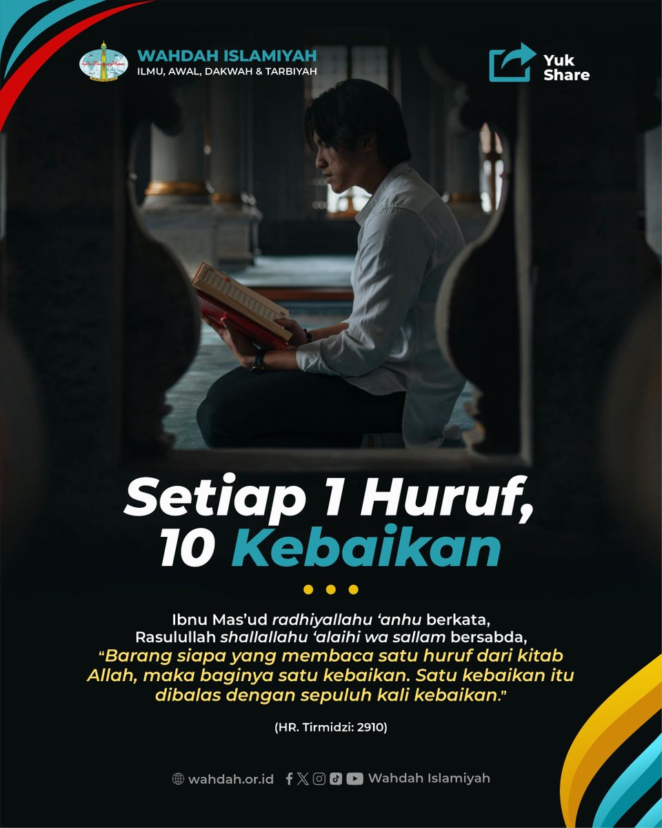 Satu huruf Al-Qur’an = Sepuluh Kebaikan.

Seperti itulah perhitungan Allah kepada hamba-Nya
Begitu pula yang disebutkan sabda Nabi ﷺ. Bayangkan pahala yang mengalir dari setiap bacaanmu hari ini. 

#AlQuran #DakwahOnline #MotivasiQuran #AmalanHarian #CintaQuran #HadisNabi