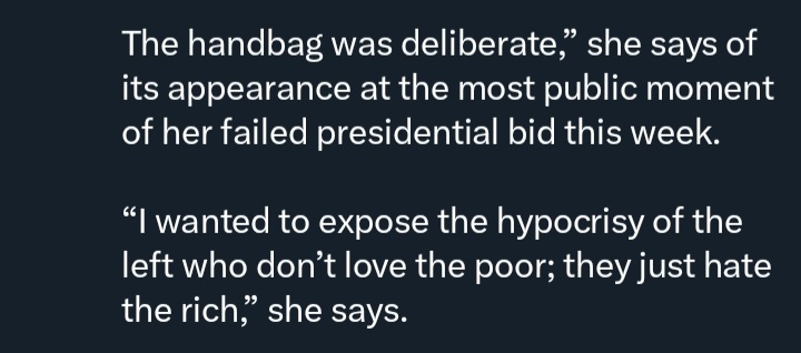 Steen is claiming she paraded that handbag around deliberately to own the left. Not because she is so privileged she didn't even consider the optics of a self-styled 'anti-establisment' candidate flaunting house deposit money dangling off her arm 🤣